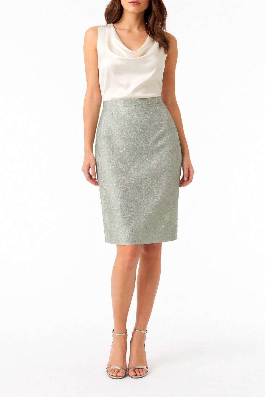 1990s Maggy London Sage Silver Metallic Jacquard Pencil Skirt USA Made 10